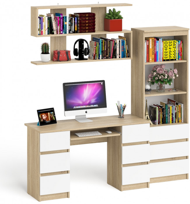 Мори компьютерный стол МС-2 + Стеллаж МСТ600.3 + Полка 1200, дуб сонома/белый