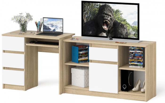 Мори компьютерный стол МС-6 левый + Тумба МТВ1204.1, дуб сонома/белый