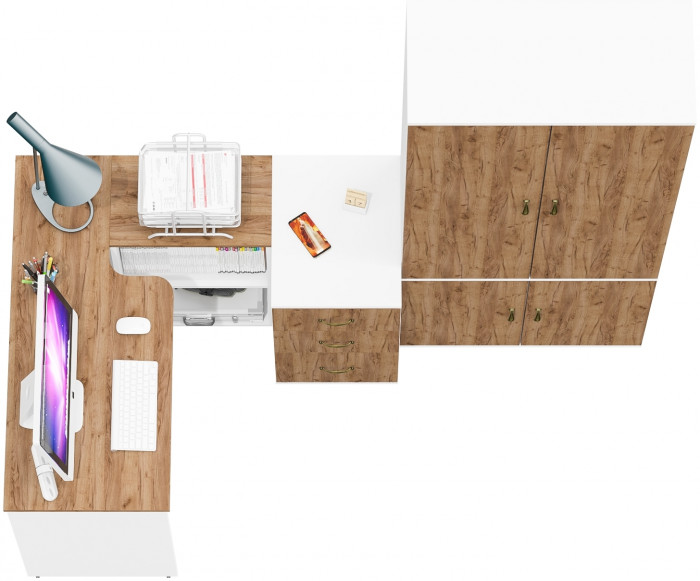 Лидер-8 Стол + Тумба МД 3.16 + Шкаф МД 20Б, белый шагрень/крафт золото