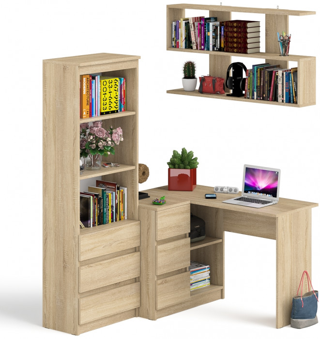 Мори компьютерный стол МС-16 левый + Стеллаж МСТ600.3 + Полка 1200, дуб сонома