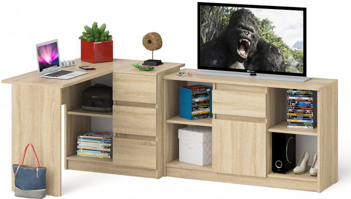 Мори компьютерный стол МС-16 правый + Тумба МТВ1204.1, дуб сонома