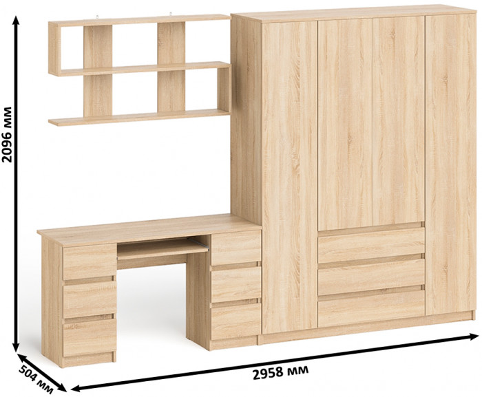 Мори компьютерный стол МС-2 + Шкаф МШ1600.1 + Полка 1200, дуб сонома