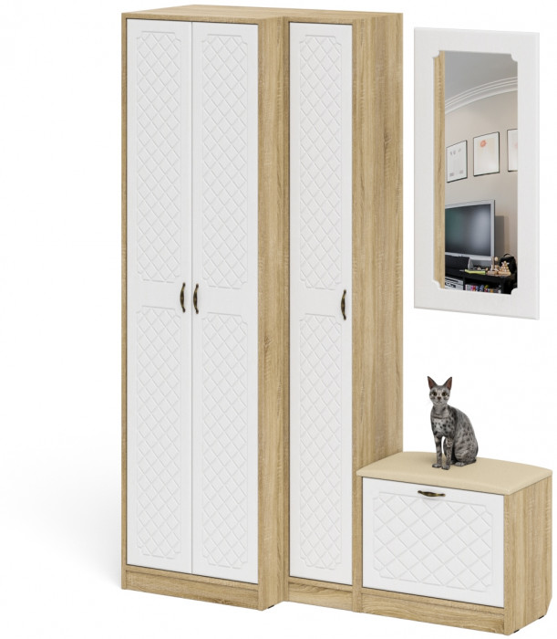 Прихожая П-6 Компоновка № 26, цвет дуб сонома/фасады МДФ белое дерево фрезеровка ромб, ШхГхВ 150х50х210 см., универсальная сборка