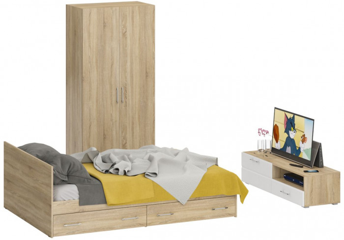 Спальня Стандарт 3-1400Я, дуб сонома/фасады ТВ тумбы МДФ белый глянец