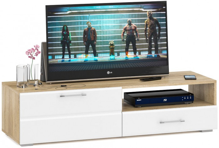 Спальня Стандарт 3-1400Я, дуб сонома/фасады ТВ тумбы МДФ белый глянец