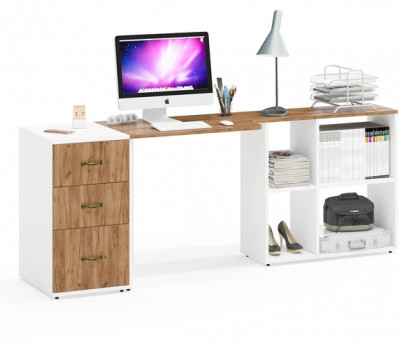 Лидер-8 Стол + Тумба МД 3.16, белый шагрень/крафт золото