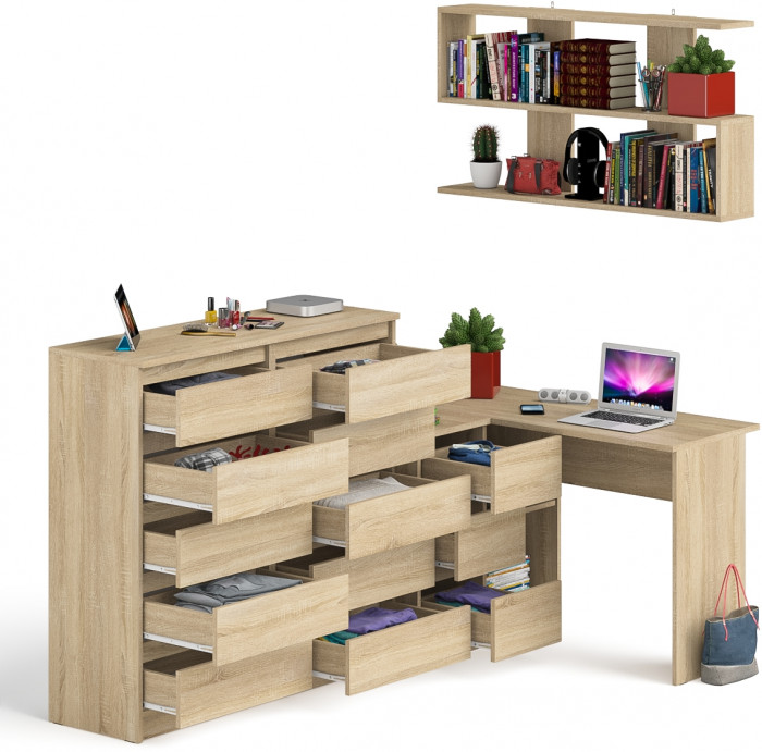Мори компьютерный стол МС-16 левый + Комод МК1200.10 + Полка 1200, дуб сонома