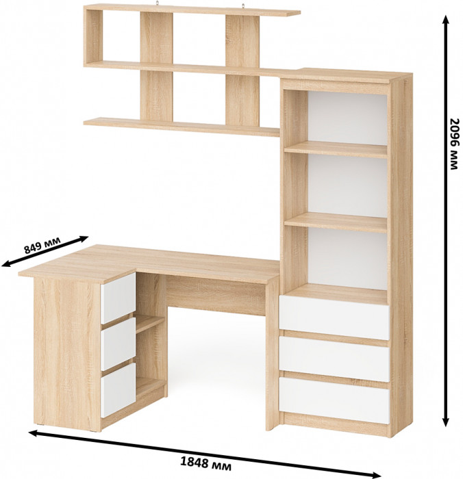 Мори компьютерный стол МС-16 левый + Стеллаж МСТ600.3 + Полка 1200, дуб сонома/белый