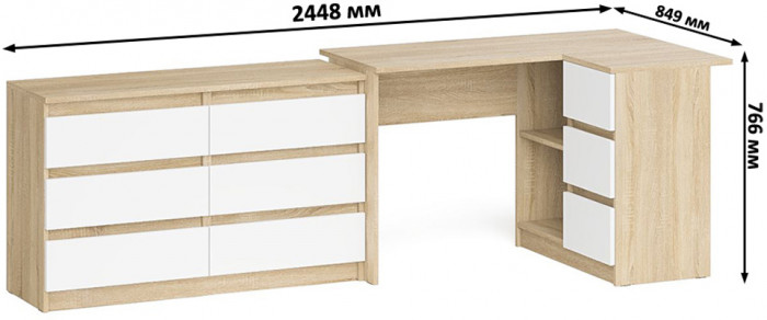 Мори компьютерный стол МС-16 правый + Комод МК1200.6, дуб сонома/белый