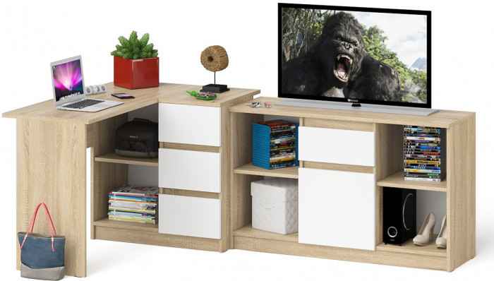 Мори компьютерный стол МС-16 правый + Тумба МТВ1204.1, дуб сонома/белый