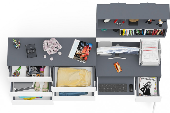 Мори Стол компьютерный МС-1 правый + Комод МК1200.8 + Полка 900, цвет графит/белый, ШхГхВ 210,4х50х209,6 см., НЕ универсальная сборка