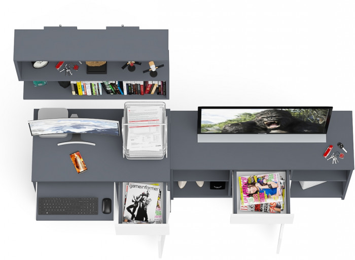 Мори Стол компьютерный МС-1 правый + Тумба МТВ1204.1 + Полка 900, цвет графит/белый, ШхГхВ 210,4х50х209,6 см., НЕ универсальная сборка