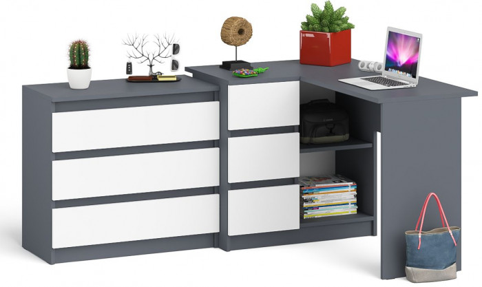 Мори Стол компьютерный МС-16 левый + Комод МК800.1, цвет графит/белый, ШхГхВ 204,8х84,9х76,6 см., выдвижные ящики слева, НЕ универсальная сборка