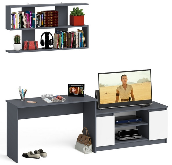 Мори Стол письменный МСП1200.1 + Тумба МТВ1200.1 + Полка 1200, цвет графит/белый, ШхГхВ 240,8х50х209,6 см., универсальная сборка