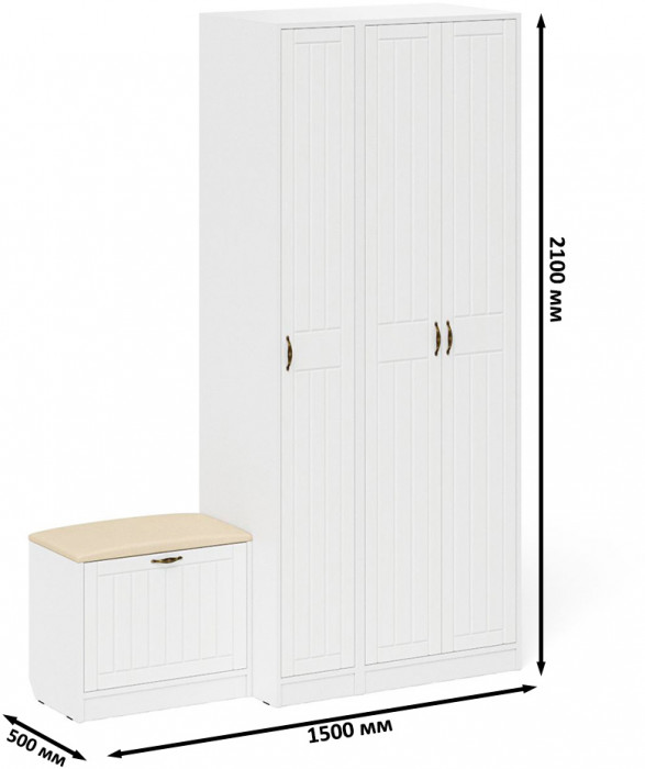 Прихожая П-6 Компоновка № 45, цвет белая шагрень/фасады МДФ белое дерево фрезеровка прованс, ШхГхВ 150х50х210 см., универсальная сборка