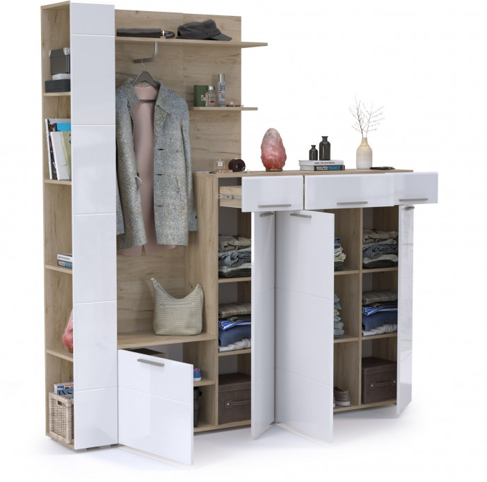 Лайн Прихожая № 09, дуб крафт серый/фасады МДФ белый глянец