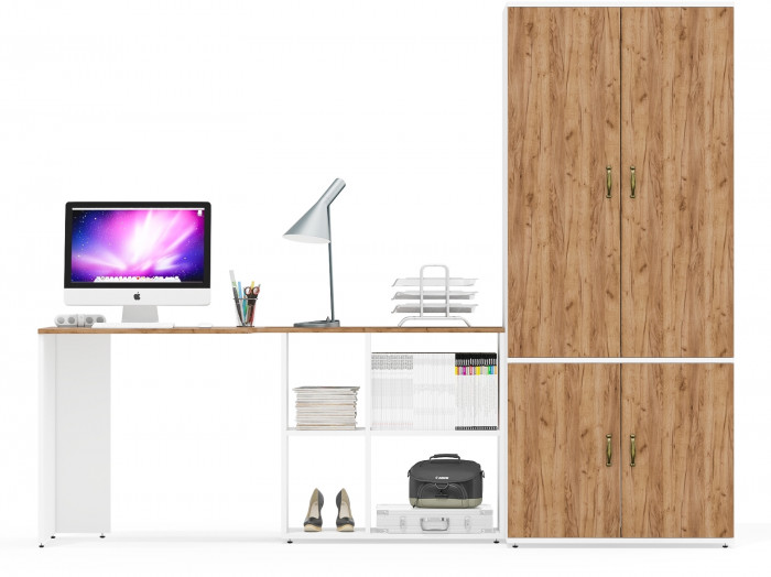 Лидер-8 Стол + Шкаф МД 19Б, белый шагрень/крафт золото