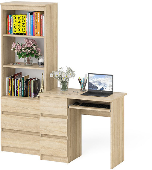 Мори Стол компьютерный МС-6 левый + Стеллаж МСТ600.3, цвет дуб сонома, ШхГхВ 150,4х50х179,6 см., выдвижные ящики слева, НЕ универсальная сборка