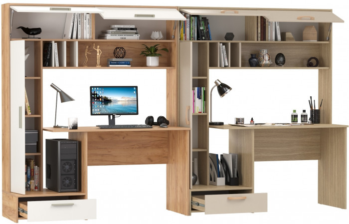 Два Стола письменных Лайт 03.243Н, цвет дуб крафт золотой/белый премиум/плэйн/сатин, ШхГхВ 300,4х57,3х179,9 см., НЕ универсальная сборка