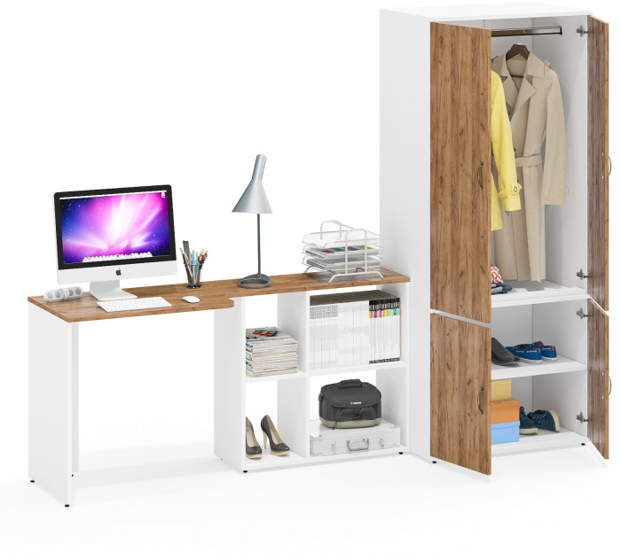 Лидер-8 Стол + Шкаф МД 19Б, белый шагрень/крафт золото