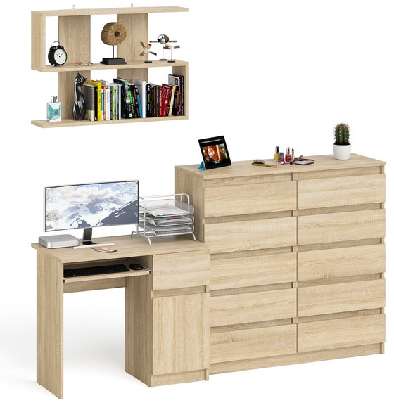 Мори компьютерный стол МС-1 правый + Комод МК1200.10 + Полка 900, дуб сонома