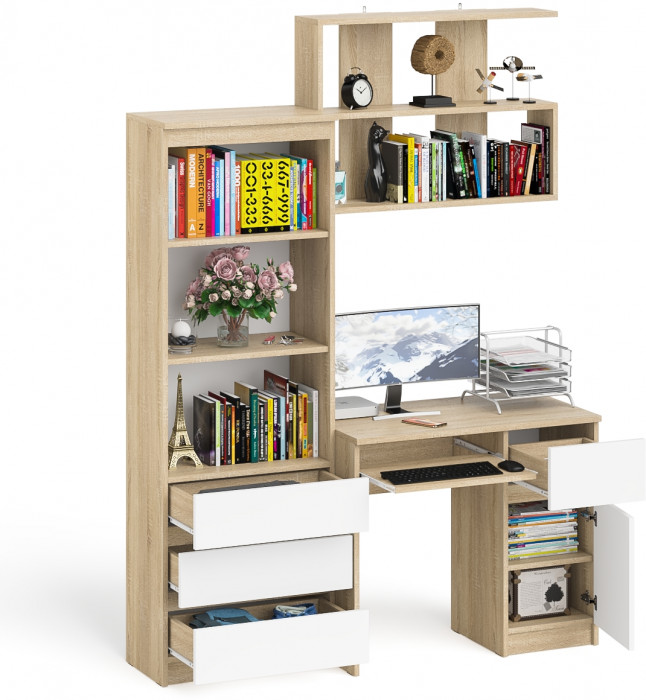 Мори компьютерный стол МС-1 правый + Стеллаж МСТ600.3 + Полка 900, дуб сонома/белый