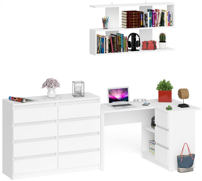 Мори компьютерный стол МС-16 правый + Комод МК1200.8 + Полка 1200, белый