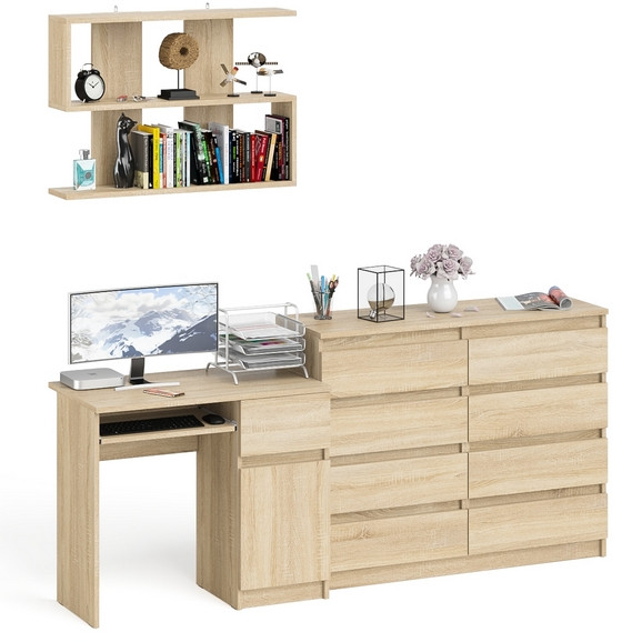 Мори Стол компьютерный МС-1 правый + Комод МК1200.8 + Полка 900, цвет дуб сонома, ШхГхВ 210,4х50х209,6 см., НЕ универсальная сборка