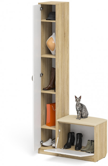 Прихожая П-6 Компоновка № 19, дуб сонома/фасады МДФ белое дерево фрезеровка прованс