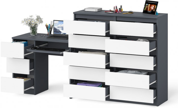 Мори компьютерный стол МС-6 левый + Комод МК1200.10, графит/белый