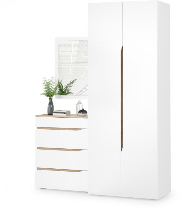 Муссон 13.198 Шкаф двухстворчатый + 13.97 Комод + Зеркало СВК, белый/дуб эндгрейн элегантный