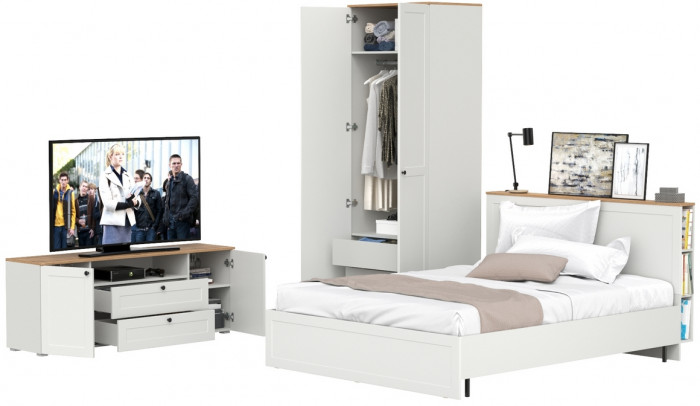 Остин 11.53 Кровать + ортопед + 13.336.02 Шкаф для одежды + 16.47 Тумба под ТВ, белый шагрень/дуб крафт золотой