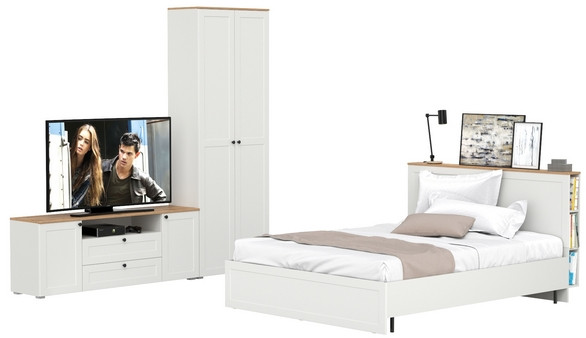 Остин 11.53 Кровать + ортопед + 16.307 Шкаф + 16.47 Тумба под ТВ, белый шагрень/дуб крафт золотой