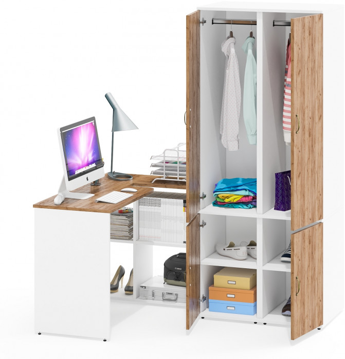 Лидер-8 Стол + Пенал МД 23Б + Пенал МД 23Б, цвет белый шагрень/крафт золото, ШхГхВ 245х50х75/190 или 115х160/50х75/190 см., НЕ ун. сборка