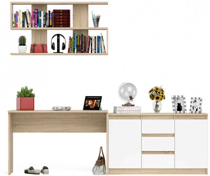 Мори Стол письменный МСП1200.1 + Комод МК1200.3 + Полка 1200, цвет дуб сонома/белый, ШхГхВ 240,8х50х209,6 см., универсальная сборка