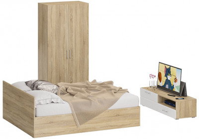 Спальня Стандарт 3-1600, дуб сонома/фасады ТВ тумбы МДФ белый глянец