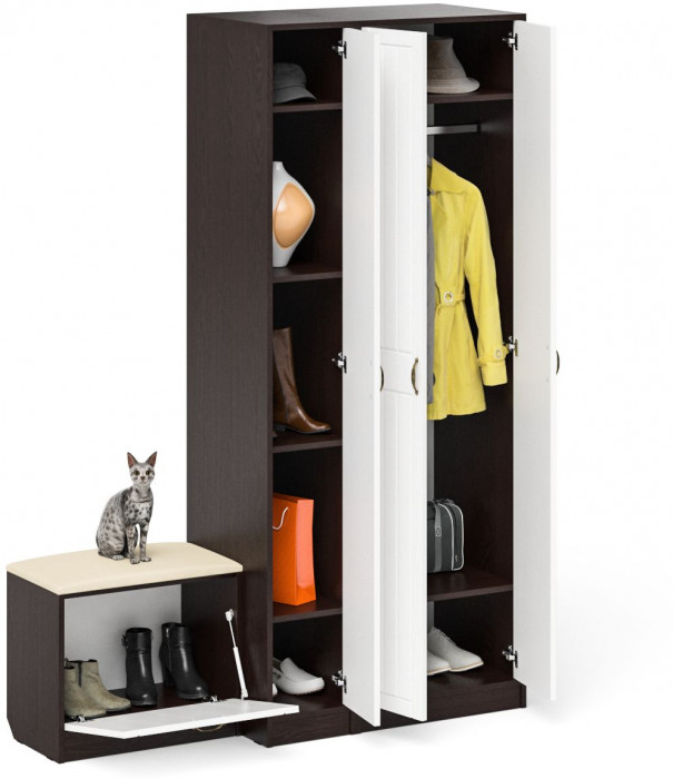 Прихожая П-6 Компоновка № 45, цвет венге/фасады МДФ белое дерево фрезеровка прованс, ШхГхВ 150х50х210 см., универсальная сборка