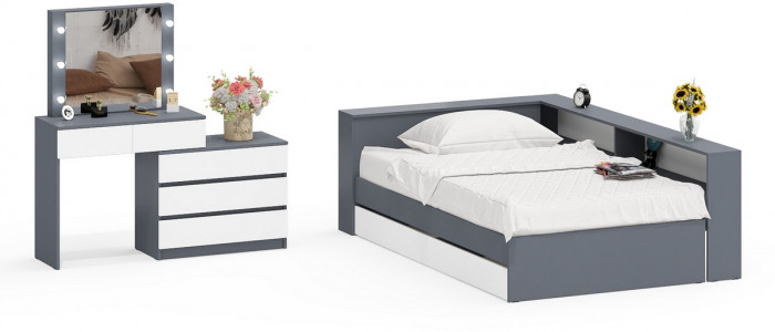 Ксения Кровать с ящиками 1200 + прикроватный блок + Столик с подсветкой 110, графит/белый
