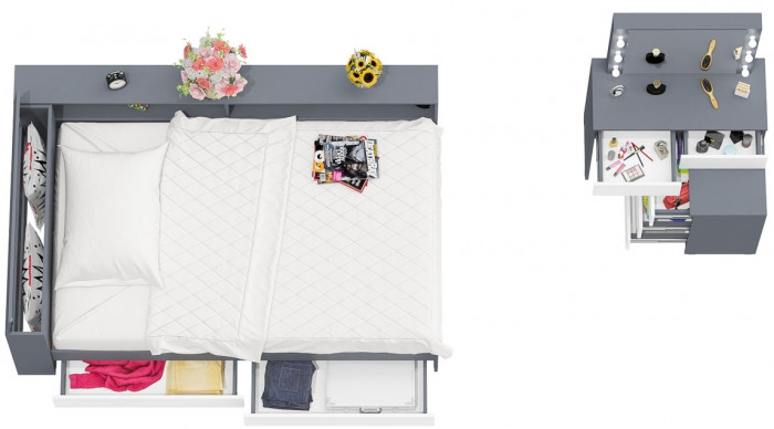 Ксения Кровать с ящиками 1200 + прикроватный блок + Столик с подсветкой 110, графит/белый