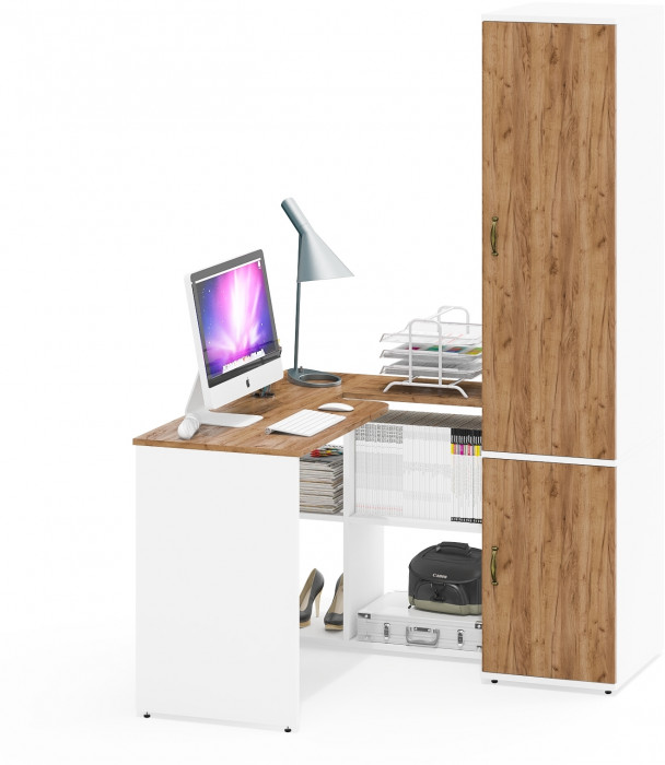 Лидер-8 Стол + Пенал МД 23Б, цвет белый шагрень/крафт золото, ШхГхВ 205х50/37,5х75/190 или 115х50/120х75/190 см., НЕ универсальная сборка