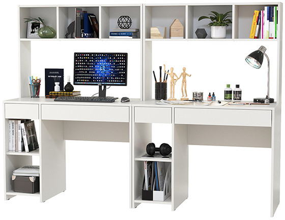 Стол компьютерный Комфорт 12.77F + Стол компьютерный Комфорт 12.77F, цвет белый шагрень, ШхГхВ 200х49,8х147 см., универсальная сборка