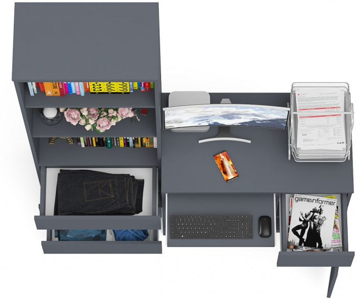 Мори компьютерный стол МС-1 правый + Стеллаж МСТ600.3, графит