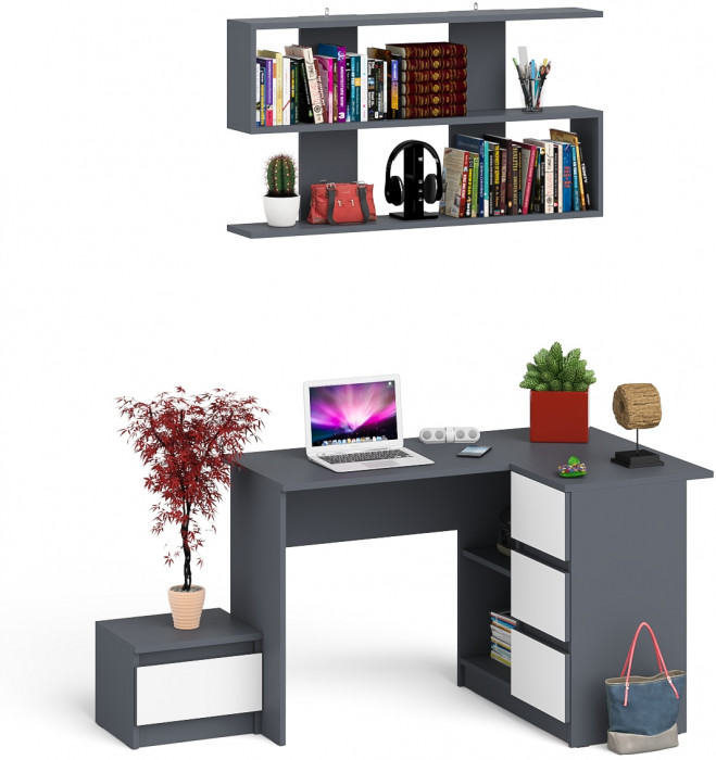 Мори компьютерный стол МС-16 правый + Тумба ТМП400.1 + Полка 1200, графит/белый