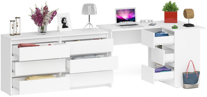 Мори Стол компьютерный МС-16 правый + Комод МК1380.6, цвет белый, ШхГхВ 262,4х84,9х76,6 см., выдвижные ящики справа, НЕ универсальная сборка