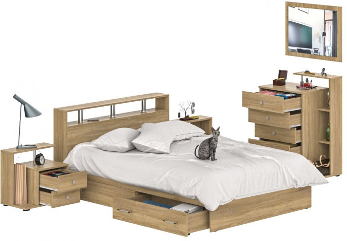 Камелия спальня № 12 Кровать с ящиками 1400 + Две тумбы + Комод + Зеркало, дуб сонома