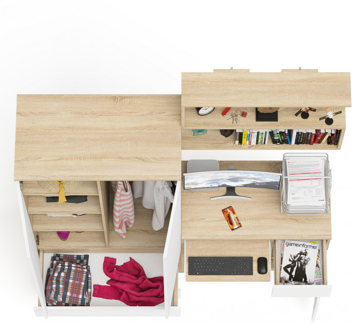 Мори компьютерный стол МС-1 правый + Шкаф МШ900.1 + Полка 900, дуб сонома/белый