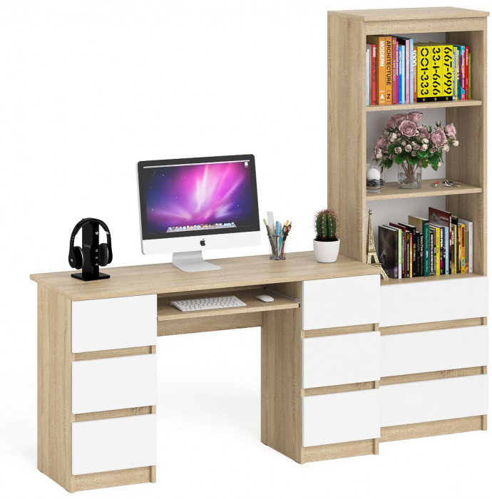Мори компьютерный стол МС-2 + Стеллаж МСТ600.3, дуб сонома/белый