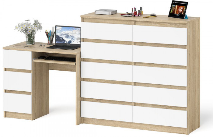 Мори компьютерный стол МС-6 левый + Комод МК1200.10, дуб сонома/белый