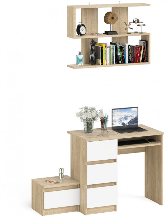 Мори компьютерный стол МС-6 левый + Тумба ТМП400.1 + Полка 900, дуб сонома/белый