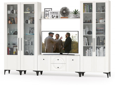 Валенсия Гостиная № 066, цвет ЛДСП белый шагрень/МДФ белый шагрень, ШхГхВ 327,2х38,3х225,2 см., ниша для ТВ 133х38х117 см., универсальная сборка